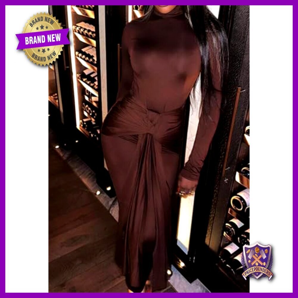 Long Sleeve Formal Maxi Dress Bodycon Ruched Tie Front Wedding Guest - Picture 2 of 7